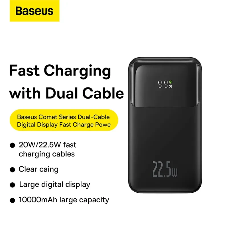 Baseus Power Bank 10000mAh 22.5W Built-in Lightning & Type-C Cable  Comet Series  Digital Display Fast Charge Power Bank