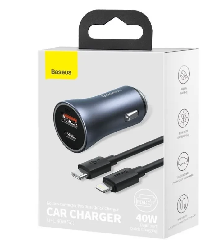 Baseus Car Charger Golden Contactor Pro Dual Quick Charger U+C 40W With Type-C to Lightning For Iphone Data Cable 1m Black Dark Gray TZCCJD-B0G