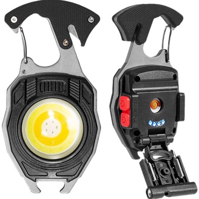 LED Keychain Work Light Rechargeable Whistle Seatbelt Cutter Screwdriver Lighter