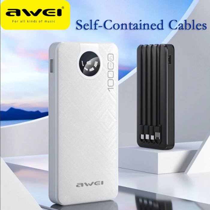 Awei P133K 10000mAh Fast-Fill Power Bank with 4 Self-Contained Cables